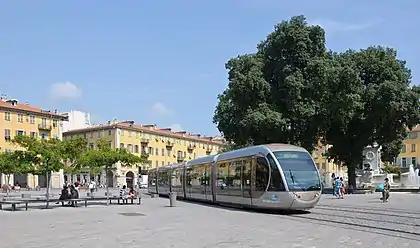 Image 20Nice tramwayPhotograph: MyrabellaThe Nice tramway crossing Place Garibaldi, Nice, where it lowers its pantograph and is powered by batteries. This 8.7-kilometre (5.4 mi), single-line tramway is operated by Veolia Transdev. It opened on 24 November 2007, replacing bus lines 1, 2, 5 and 18.More selected pictures