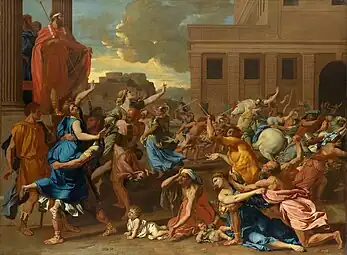 The Rape of the Sabine Women; by Nicolas Poussin; 1634–1635; oil on canvas; 1.55 × 2.1 m; Metropolitan Museum of Art (New York City)