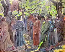 Painting showing Jesus holds up his hand to call Zacchaeus down from the tree while a crowd watches