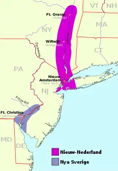 Image 7A map of New Netherland (in magenta) and New Sweden (in blue) in the 17th century; New Sweden was later absorbed by New Netherland and then the British in the Second Anglo-Dutch War. (from History of Pennsylvania)