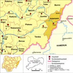 The North East is the one of the six geopolitical zones of Nigeria representing both a geographic and political region of the country's northeast. It comprises six states – Adamawa, Bauchi, Borno, Gombe, Taraba, and Yobe.