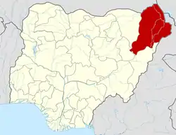 Maiduguri is in Borno State shown in red