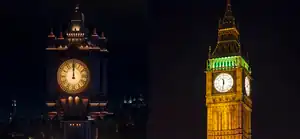 A side-by-side comparison of Bellbridge's clock tower compared to Big Ben. Both share a striking resemblance in terms of architecture and design.