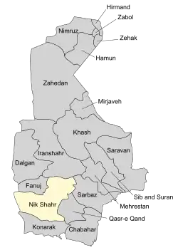 Location of Nik Shahr County in Sistan and Baluchestan province