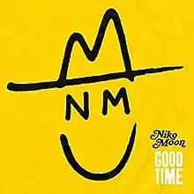 A stylized smiley face on a yellow background, with the letters N and M forming the eyes, and a stylized hat. In the lower right hand corner are the words "Niko Moon" in black text, and "Good Time" in white text.