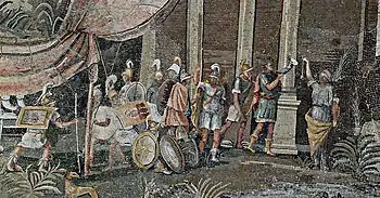 Hellenistic soldiers circa 100 BCE, Ptolemaic Kingdom, Egypt; detail of the Nile mosaic of Palestrina.