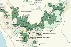 Map of Nilgiris Biosphere Reserve, showing Sathyamangalam Wildlife Sanctuary