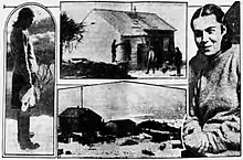 A grouping of four images. Left a woman with hydrology measuring devices standing on the ice; middle, top image a cabin with four people standing outside, bottom image several cabins, dog pens, dogs and sleds; right a seated woman in a sweater with her arms in her lap.