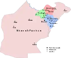 Map of the three districts which constitute Nineveh plains overlaid over the Nineveh Governorate map.