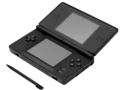 A Nintendo DS Lite with its stylus.