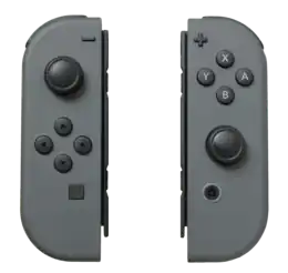 The gray Joy-Con (L) and Joy-Con (R) controllers. The inside rails slot onto the side of the main Switch console or grip controller.