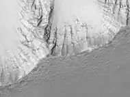 Layers in the wall of Noctis Labyrinthus taken with Mars Global Surveyor.  Courtesy NASA/Malin Space Science Systems.