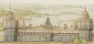 watercolour of long building flanked by two large cylindrical towers with a clock on a smaller central tower