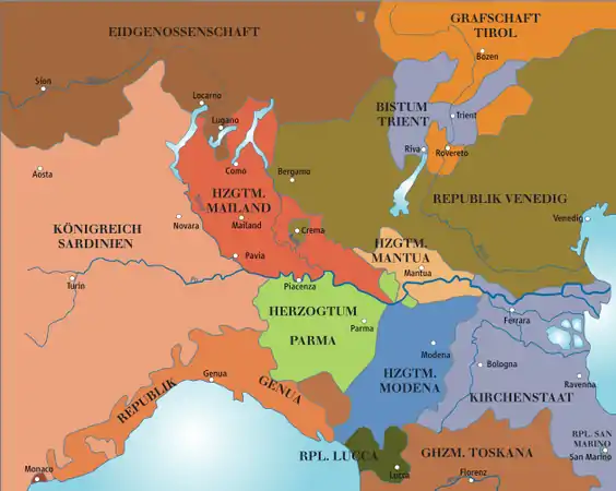 1796: northern Italy before the French invasion.  Kingdom of (Piedmont–)Sardinia