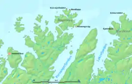 Kinnarodden (right) is on mainland,North Cape (Nordkapp, center) is on an island.