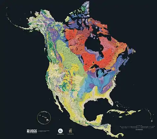 Image 2Cartographic relief depictionImage credit: United States Geological SurveyCartographic relief depiction showing the varying age of bedrock underlying North America. This image combines a geologic map and a shaded relief image. This combination reveals the geologic history of North America through the interrelation of rock type, topography and time. Regional surface processes as well as continent-scale tectonic events are exposed in the three dimensions of space and the fourth dimension, geologic time. From most recent to oldest, age is indicated by color: yellow, green, blue, red.More selected pictures