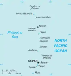 Island chain running from north to south. Islands of Saipan and Aguijan to the southern end of the chain