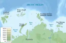 A map showing the location of numerous islands in the Arctic off the coast of northern Russia