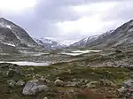 Barren valley with patches of green and tiny lakes