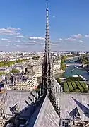 The spire in 2018, over the cathedral and the Île de la Cité