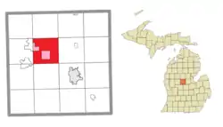 Location within Isabella County (red) and the administered CDPs of Beal City and portion of Weidman (pink)