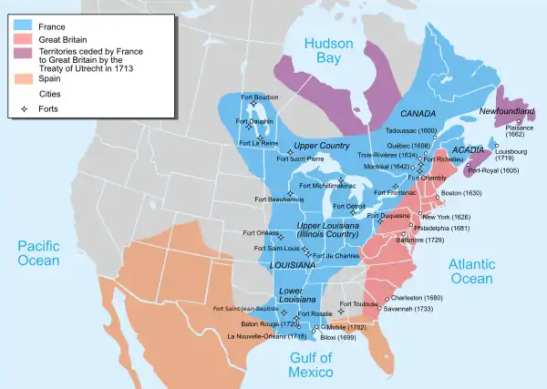 Image 28The colonial possessions of Britain (in pink), France (in blue), and Spain (in orange) as of 1750. The French later lost their possessions in North America to Britain following its defeat in the French and Indian War, fought from 1754 to 1763 (from History of Pennsylvania)