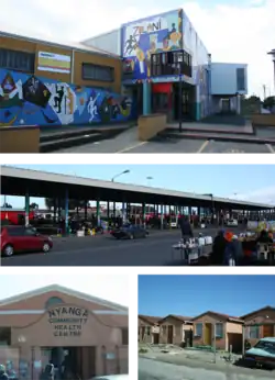 Top: Zolani Recreational Centre. Middle: Nyanga taxi rank. Bottom left: Nyanga Community Health Centre. Bottom right: government built RDP houses that are common in the area.