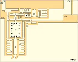 Annotated map of Nyuserre's mortuary temple. Described in detail in upcoming section.