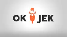 Black "OK JEK" text with an orange symbol of a person driving a motorcycle between the words.