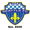 OSA Seattle FC emblem: A blue striped and checkered shield is adorned with the words "OSA" across the top and "SEATTLE FC" across the middle. And below is a yellow Fleur-de-lis.