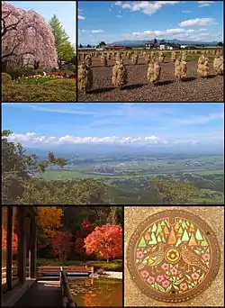 From top left; Spring in Mizusawa Park, the Autumn rice harvest in Isawa, Maesawa and the Kitakami River in Summer from Mt. Otowa, Autumn foliage at Fujiwara no Sato in Esashi and a manhole cover in Koromogawa