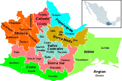 Oaxaca regions and districts: Sierra Sur to the southwest