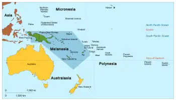 Image 28Regions of Oceania: Australasia, Polynesia, Micronesia, and Melanesia. Australasia include the Australian landmass (including Tasmania), New Zealand, and New Guinea. (from History of Papua New Guinea)