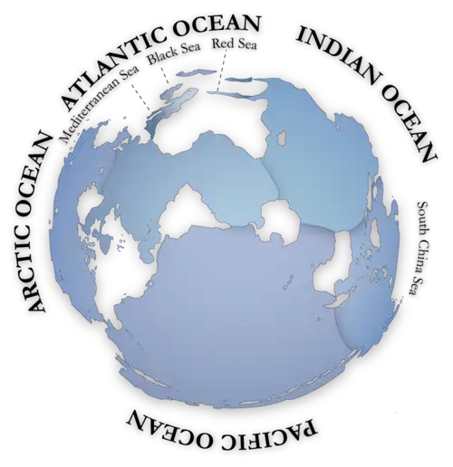 Oceans cover almost three quarters (71%) of the surface of the Earth, and nearly half of the world's marine waters are over 3000 m deep. This global, interconnected body of salt water, called the World Ocean, is divided by the continents and archipelagos into the following five bodies, from the largest to the smallest: the Pacific Ocean, the Atlantic Ocean, the Indian Ocean, the Southern Ocean, and the Arctic Ocean.  Official boundaries are defined by the International Hydrographic Organization. (Credit: Alexandre Van de Sande.)