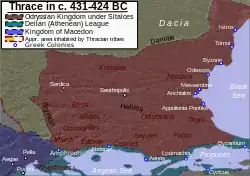 Image 10Thrace and the Thracian Odrysian kingdom in its maximum extent under Sitalces (431-424 BC) (from History of Turkey)