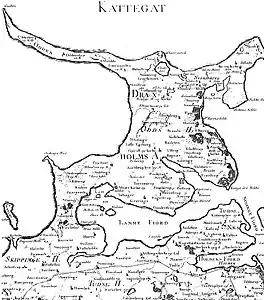 Map of Odsherred from 1768 that shows the original extent of Lammefjordens and Sidinge Fjord, before embankment and drainage