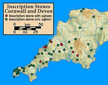 Image 6A map of inscription stones, with and without Ogham inscriptions. (from History of Cornwall)