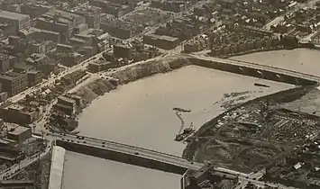 Downtown c. 1923, with new bridges and a widened river