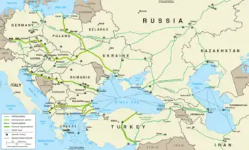 Map of pipelines in Europe. Adria oil pipeline runs through Serbia, Croatia and Hungary.