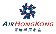 The old Air Hong Kong logo, made up of a navy blue colour pentagon, made up from the five 'A' character formed into a circle. Beneath the logo is the airline's name in both English and Traditional Chinese.