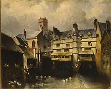 Image 2Oil on canvas painting by an unknown artist c.1870. These houses were later demolished to make way for St Edmund's Church. The painting depicts the edge of the River Exe flowing under three arches of the Old Exe Bridge, with houses on the bridge and on the river bank, St Edmund's Church can be seen in the top left. (from Exeter)
