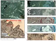 Image 49A US civil war hachure paper map made in 1867 by Cartographer Nathaniel Michler vs. modern aerial photos over Chancellorsville, Virginia (from History of cartography)