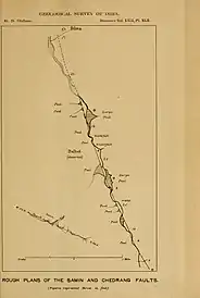 Sketch map of the Samin and Chedrang faults, showing the uplift in feet.