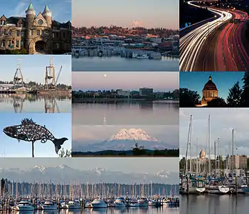 (From top) Old Capitol Building, East Olympia, Interstate 5 at the junction of U.S. Route 101, Port of Olympia, Downtown from Capitol Lake, Washington State Capitol, Salmon sculpture, Mount Rainier, Percival Landing Park, Olympic Mountains and Swantown Marina