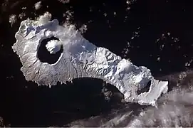 Snow cover highlights the calderas and volcanic cones that form the northern and southern ends of Onekotan.