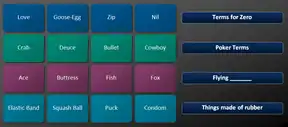 Four groups of four words categorized as follows: "Terms for Zero": Love, Goose-Egg, Zip, Nil. "Poker Terms": Crab, Deuce, Bullet, Cowboy. "Flying [blank]": Ace Buttress, Fish, Fox. "Things made of rubber": Elastic Band, Squash Ball, Puck, Condom.