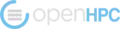 OpenHPC logo consisting of three horizontal grey bars surrounded by light blue horseshoe or C shape with opening on the upper right, followed by OpenHPC with the first four letters lowercase and grey and the last three capital and light blue.