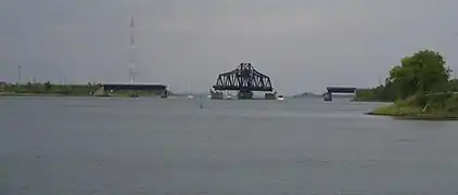 Little Current Swing Bridge (open position) looking east, from Town Dock, 2006