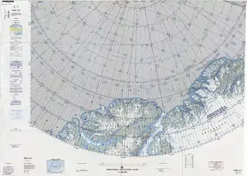 A polar navigational chart of far north Greenland and Canada north of 80 degrees latitude, with grid lines and color-coding of green and white based on elevation and ice cover.