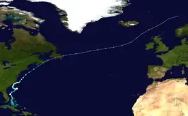 A map plotting the path of Hurricane Ophelia from the Bahamas, along the United States' Eastern Seaboard, across Atlantic Canada, and over the northern Atlantic Ocean.